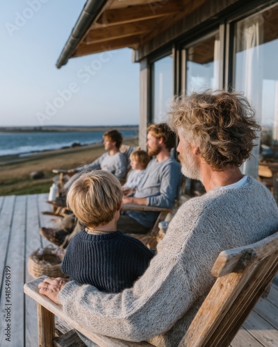 Relaxing family gathering: caucasian male adults and children enjoy scenic lakeside view