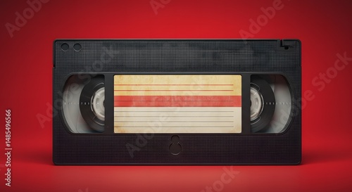 A nostalgic look at a classic black vhs tape on a vibrant red background.