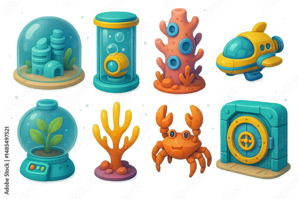 Obraz premium Underwater adventure icon set - filled, marine life and ocean exploration symbols
