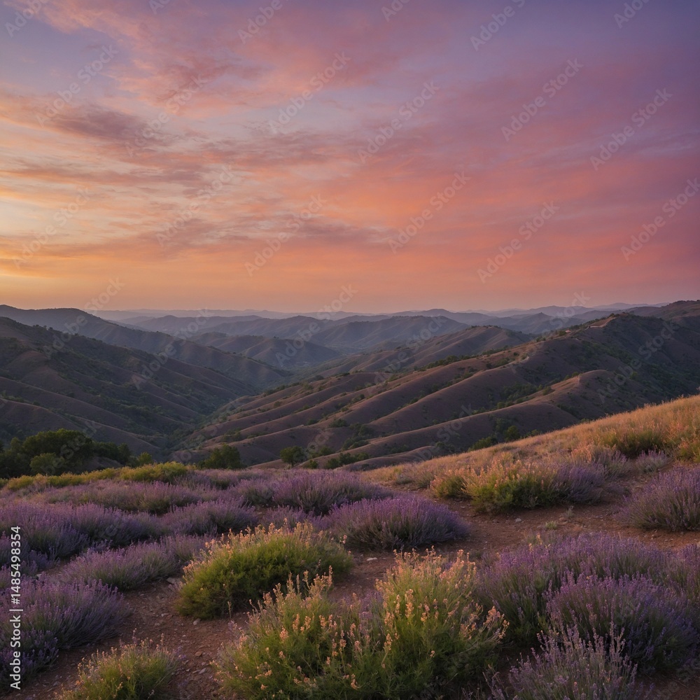 Obraz premium “Layered hills fading into the distance beneath a pastel orange and lavender sky.”