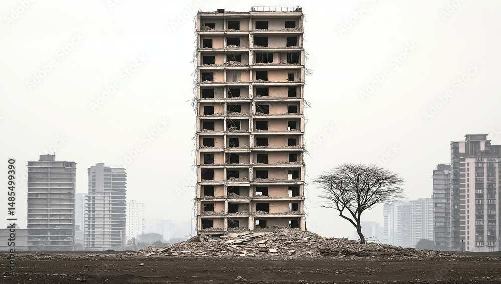 Fototapeta premium Isolated crumbling tower on rubble with single tree and modern city in distance 