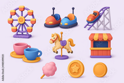 Amusement park 3d icon set - fun, carnival & festival attraction symbols