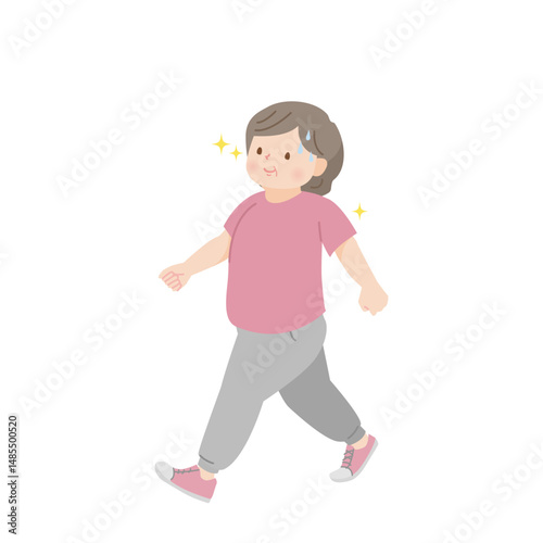 ウォーキングをする太った中年女性のイラスト素材