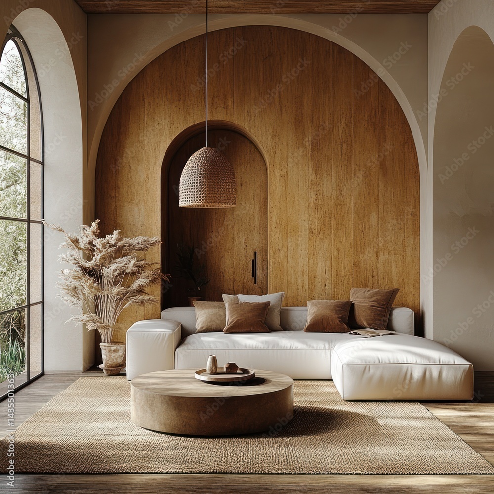 Fototapeta premium A modern, light-filled living room with warm, wooden accents.