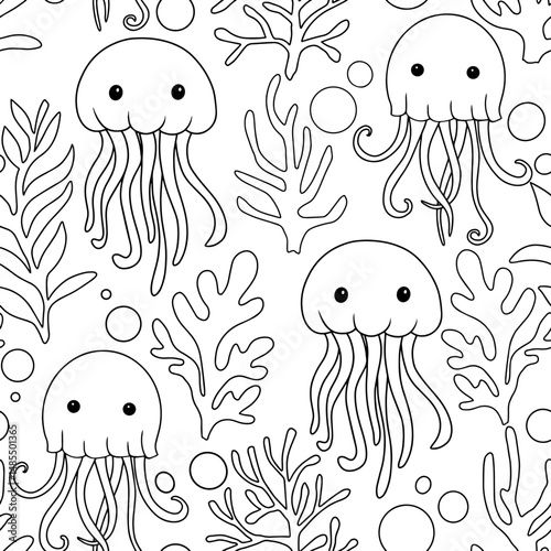 Coloring book. Cute underwater world seamless pattern jellyfish and sea life. Vector illustration in doodle style