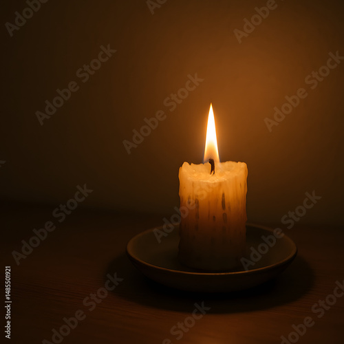Candle lit on a plate in dark ambiance  