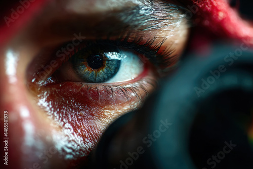 Close-up of an eye with a gun in the background. photo