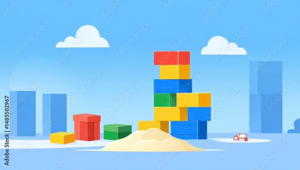 Fototapeta premium Colorful Block Tower on Sandy Island Pixel Art Cityscape Illustration