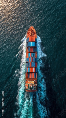 A container ship transports international cargo across the ocean, exemplifying global logistics and maritime trade