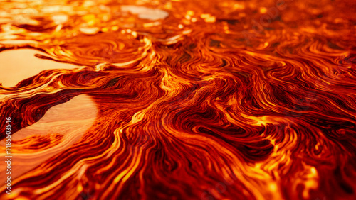 Flowing molten lava creates intricate patterns under a brilliant orange glow at a volcanic site