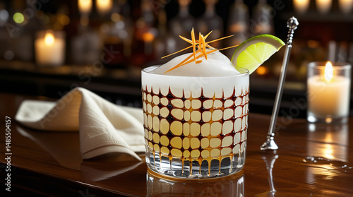 A crystal-clear Pisco sour cocktail garnished with a delicate, velvety froth of egg white, artistically decorated with a lattice pattern of rich, dark angostura bitters