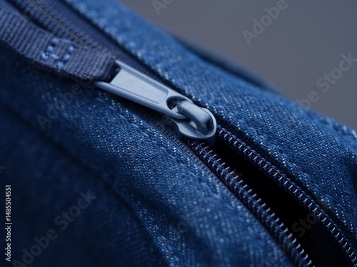 Close-up shot of a zip on a denim bag.