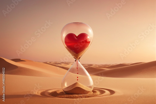hourglass with a glossy red heart inside, heart melting into fine golden sand as it flows downward on a plain pastel golden beige background