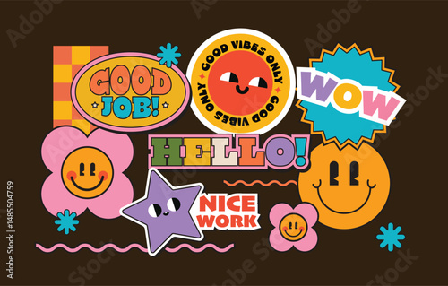 Retro cool abstract funny sticker with trendy patch badges. Quotes and words for Gen Z and Millennials in Y2K style art, set against an isolated neutral background