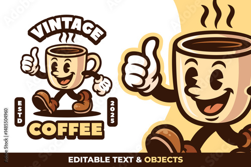 Coffee Cup Retro Mascot Logo for Coffee Shop and Cafe. Cartoon Character Vector Illustration in Vintage Style