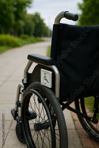 Wheelchair parked on a pathway in a green outdoor setting  