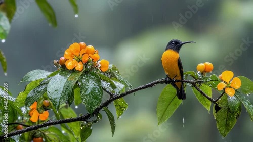 Wallpaper Mural Golden-headed Sunbeam Hummingbird Perched on a Rain-Soaked Branch with Vibrant Orange Flowers Torontodigital.ca