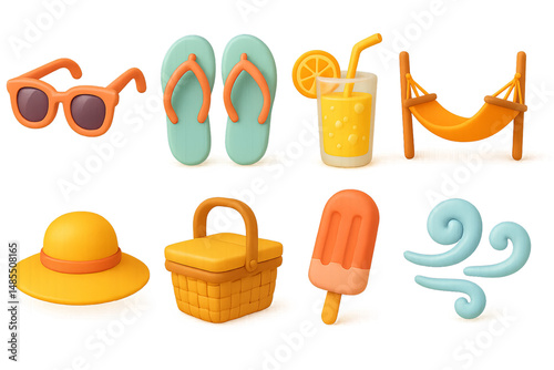 Summer & leisure icon set - 3d, beach, vacation, relaxation, fun symbols