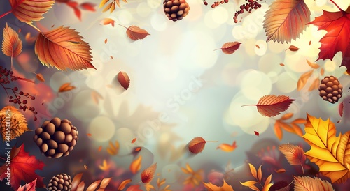Autumn background with colorful leaves and cones.
