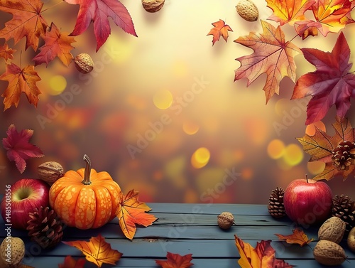 Autumn background with falling leaves, apple, pumpkin and pine cones and copy space for text, illustration.