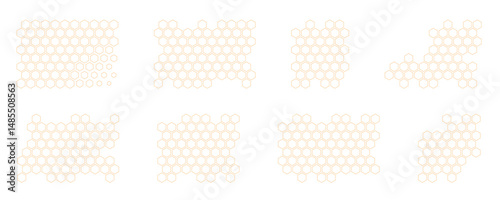 Honeycomb Propolis pattern set. Honeycomb structure. Honey, pollen, wax, parchment and bee products in sketch style. Stock vector illustration isolated on a white background.