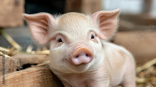 Close-up of a light pink piglet, looking directly at the camera, sitting amongst straw and wooden planks