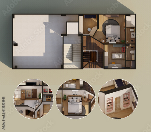 3D Modern House Architectural Floor Plan with Blow Up of Interior