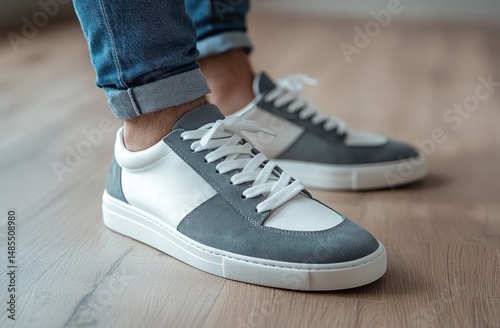 Stylish low-top sneakers with a contrast design.  Two light-gray and white sneakers.  Comfortable, casual shoes on a light-brown floor