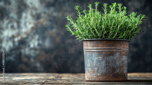 A close-up view showcases a potted plant placed on a wooden table, with a dark wooden wall serving as the background