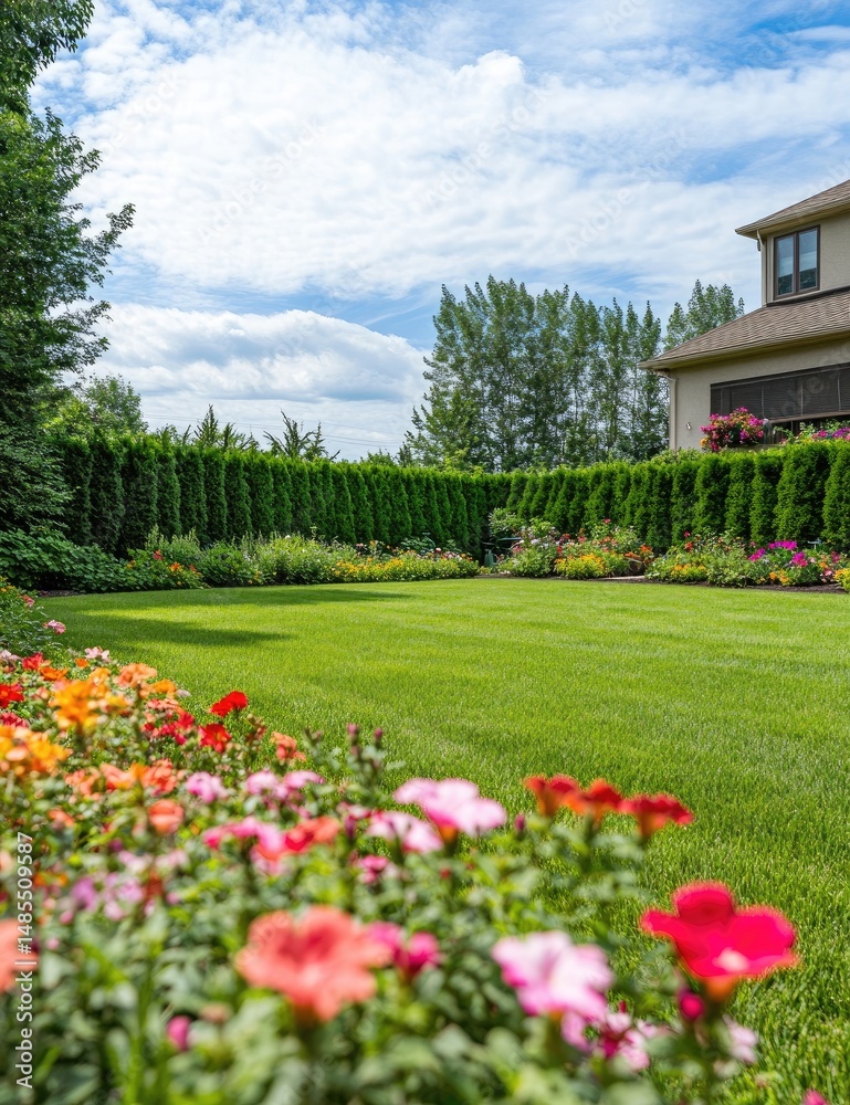Obraz premium Lush, manicured lawn with colorful flowerbeds and hedges