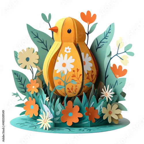 Cheerful Paper Art Bird Among Colorful Flowers on Transparent Background
