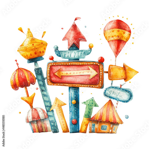 Colorful Directional Signs Illustration on Transparent Background