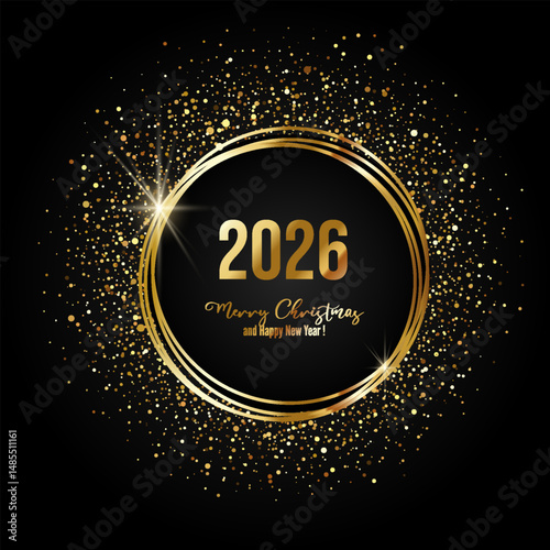 Happy New Year 2026 Elegant gold text with balloons and confetti. Realistic vector