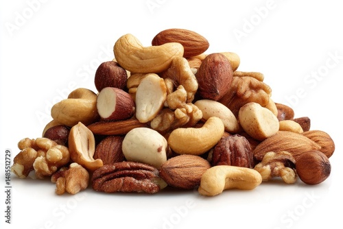 A heap of mixed nuts, showcasing various types.  Different shelled and unshelled nuts are densely clustered together,  forming a sizable pile against a plain white background
