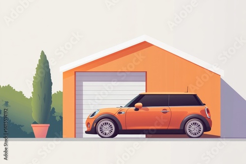 Orange car parked in front of an orange garage