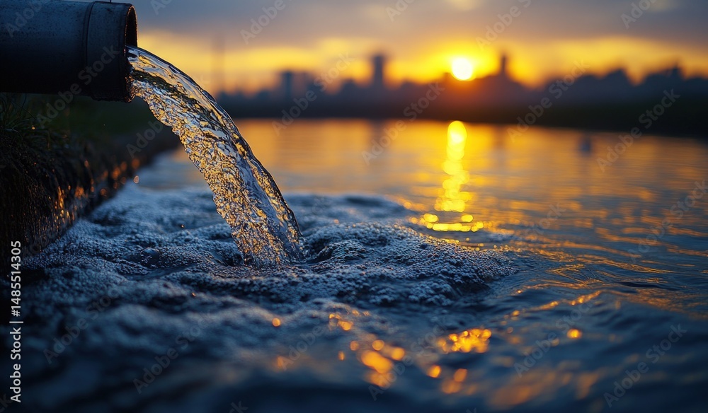 Fototapeta premium Water flowing from pipe into a pond at sunset