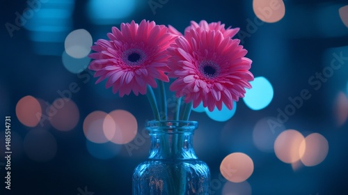 A purple flower is positioned in a vase set against a black background with a notable light effect