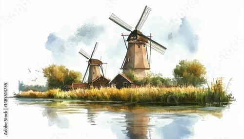 Two Rustic Windmills Reflected in Calm Water