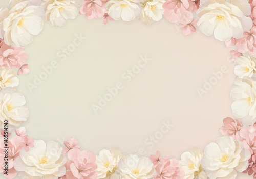 Floral frame with pink and white flowers on a soft pastel background  