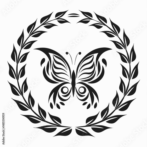 Butterfly in circular wreath made of leaves
