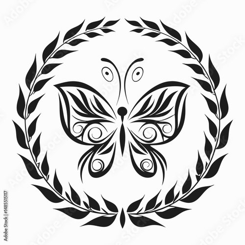 Butterfly in circular wreath made of leaves
