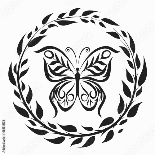 Butterfly in circular wreath made of leaves

