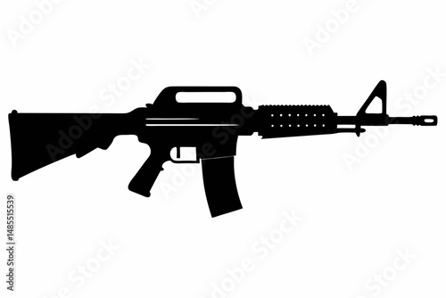 "Simple black silhouette of an M16-style rifle with bayonet attachment, minimal design on white."
