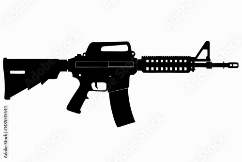 "Simple black silhouette of an M16-style rifle with bayonet attachment, minimal design on white."
