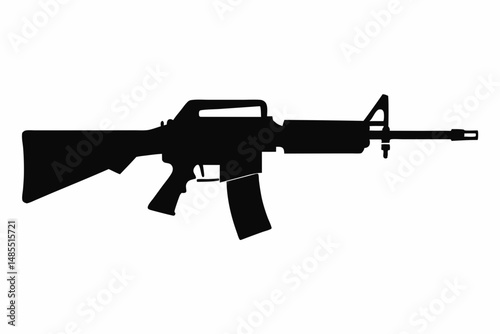 "Simple black silhouette of an M16-style rifle with bayonet attachment, minimal design on white."
