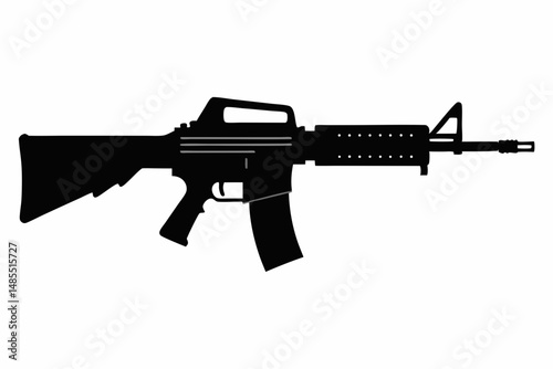 "Simple black silhouette of an M16-style rifle with bayonet attachment, minimal design on white."
