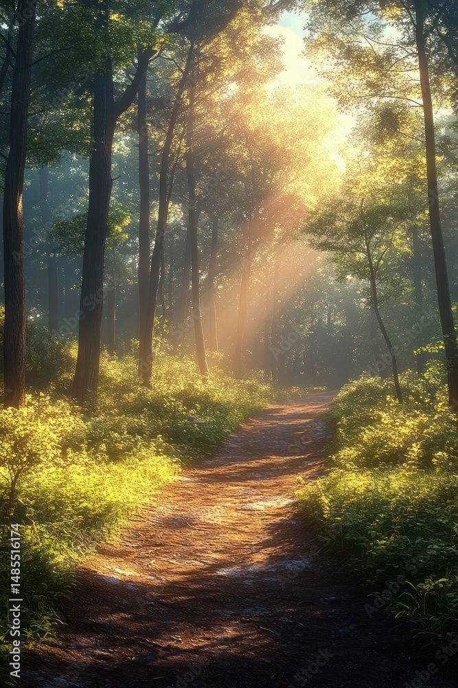 Obraz premium Sunlight filters through tall trees onto a forest path surrounded by lush green shrubs and plants, creating a serene and peaceful atmosphere in the woods
