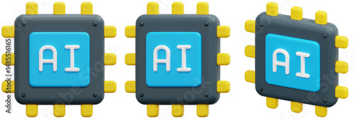 Set of 3D Rendered AI Microchips with Blue and Yellow Details 3d Render Icon Illustration