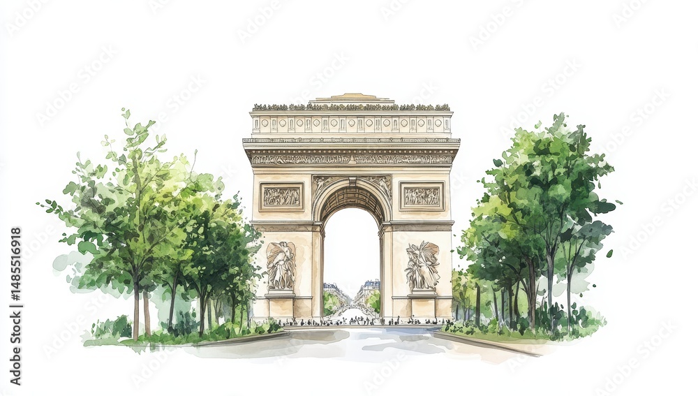 Watercolor Painting of Parisian Arc de Triomphe Framed by Lush Green Trees Watercolor Painting of Parisian Arc de Triomphe Framed by Lush Green Trees