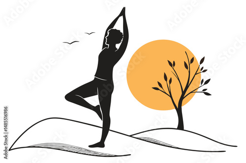 Sunrise Tree Yoga Silhouette Vector   T-Shirt Design for Meditation and Nature